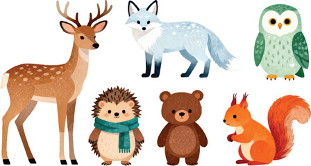 Obraz premium Winter Forest Animals Textured Vector Pack, Deer, Fox, Snow Hare, Owl, Bear and Woodland Wildlife Icons