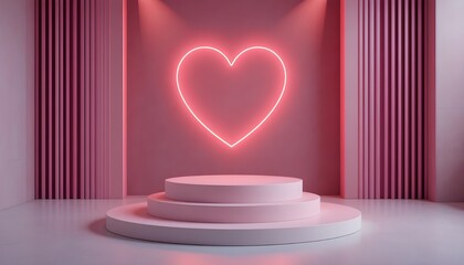 3D Valentine’s Day podium set with neon hearts and geometric pedestal platforms