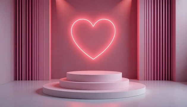3D Valentine’s Day podium set with neon hearts and geometric pedestal platforms