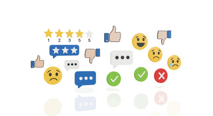 A comprehensive collection of user feedback icons including star ratings, likes, dislikes, and emotion symbols for customer experience evaluation