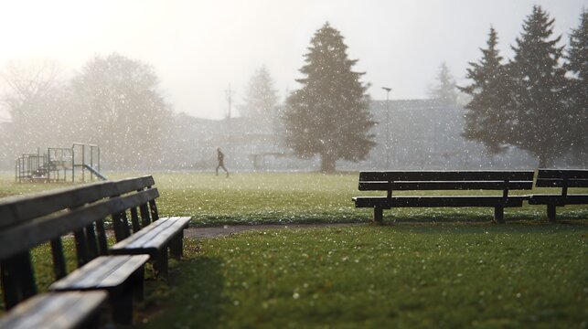 A person jogs through a snowy park with benches and a playground in the soft light of a winter morning