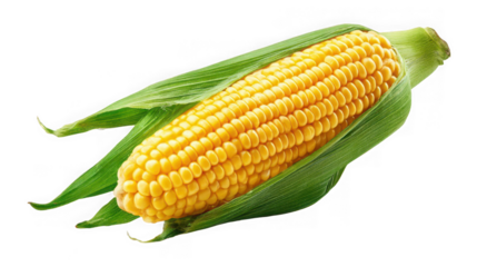 Fresh yellow corn on the cob with green husks, isolated on transparent background