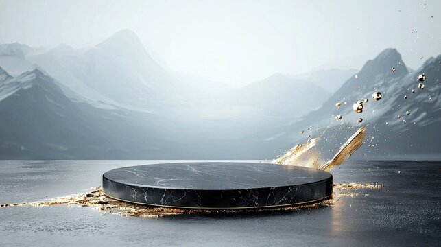 A dark, circular marble podium sits on a reflective surface with a dramatic gold liquid splash and droplets, set against a backdrop of misty, snow-capped mounta