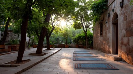 Obraz premium Sacred sunlit courtyard with prayer mats and ancient trees