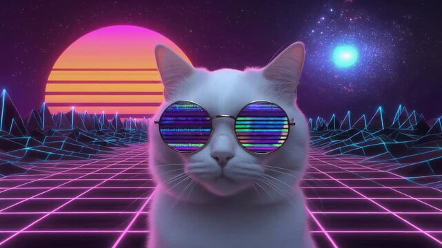 Cool White Cat Wearing Round Sunglasses in a Retro futuristic Neon Landscape