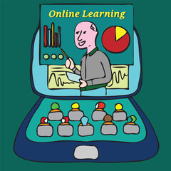 Online Learning Illustration – Cartoon Teacher and Students in Virtual Classroom on Laptop