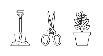Simple line art illustration of gardening tools and a potted plant