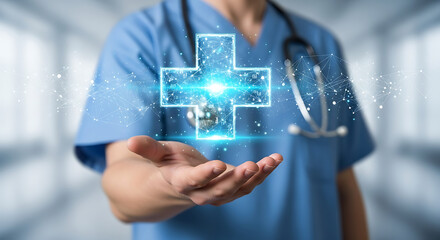 Healthcare professional holding a glowing digital medical cross representing innovative technology and global health networks.