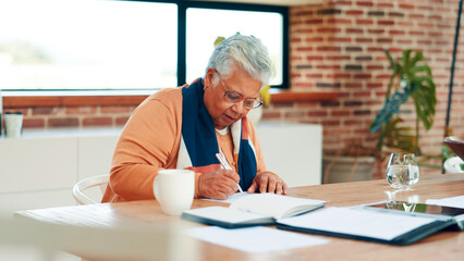 Old woman, writing and documents for finance in home for insurance policy, contract or agreement....