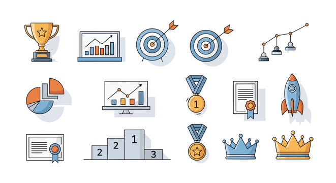 Set of business and success icons trophy, chart, target, award, diploma, crown, podium, rocket - Powered by Adobe