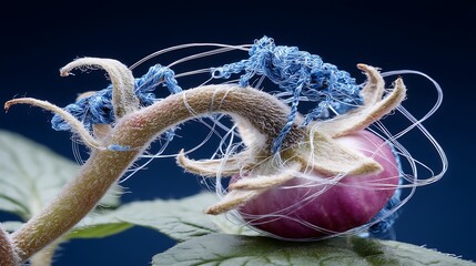 Close-up of Plant with Fruit and Blue Threaded Fibers on Dark Background