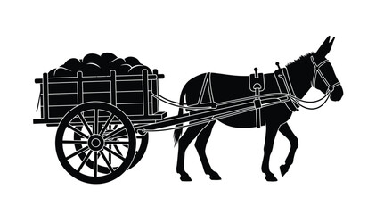 Fototapeta premium A black and white illustration of a donkey pulling a loaded cart