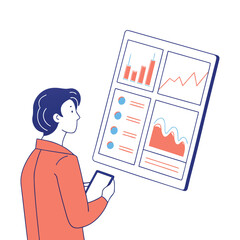 Man viewing business data dashboard on large screen analyzing charts and reports