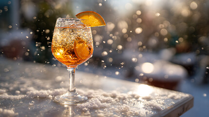 Aperol Spritz cocktail with orange slice served in elegant glass on snowy surface, winter drink at sunset with bokeh background
