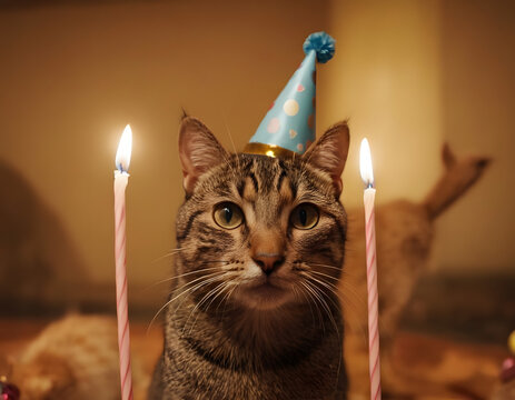 The birthday of a cat is a special occasion, and the cat is celebrating its birthday. 