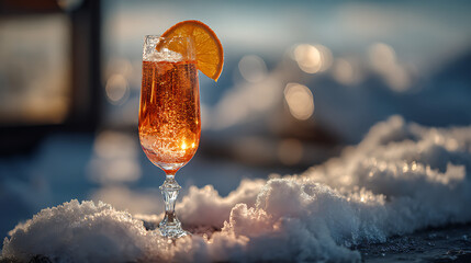 Aperol Spritz cocktail with orange slice served in elegant glass on snowy surface, winter drink at sunset with bokeh background
