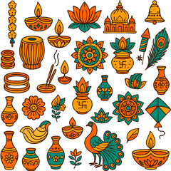 Radiant Festival Elements: An intricately designed array of festive symbols, each a vibrant emblem of cultural celebration and spiritual significance. Showcasing artistic details.