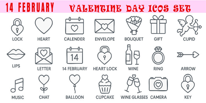 Valentine's Day Icon Set: A captivating illustration featuring a series of meticulously crafted icons, each a symbol of love, romance, and the spirit of Valentine's Day. 