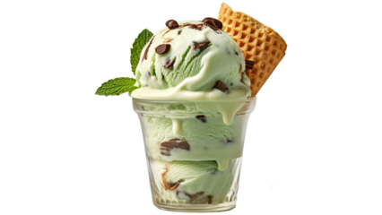 mint chocolate chip ice cream, mint ice cream cone, green ice cream, waffle cone, chocolate chip dessert, mint leaves, fresh mint garnish, summer dessert, frozen treat, creamy ice cream, cold dessert,