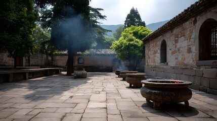 Ancient stone courtyard with burning incense burners surrounded by temple architecture and trees