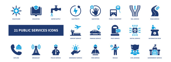 public service icon set, solid style, vector illustration