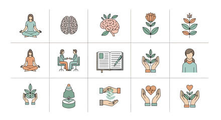 Collection of icons representing mental health, well-being, and personal growth, including meditation, therapy, and healthy habits
