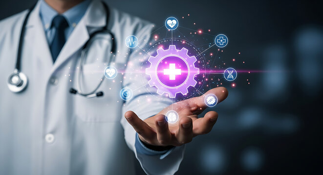 Doctor holding futuristic medical gear with healthcare icons, representing digital health innovation and technology solutions