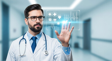 Modern doctor uses advanced medical technology, interacting with a futuristic holographic screen displaying vital health data for diagnosis.