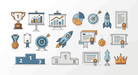 A comprehensive collection of achievement and success vector icons, ideal for business growth, marketing, and goal-setting concepts, featuring awards, recognition, and performance milestones