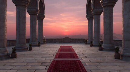 Obraz premium Majestic stone terrace with red carpet leading to a vibrant sunset over the mountains