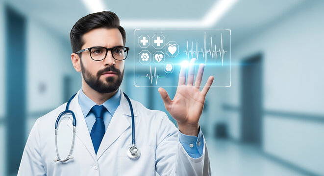 Modern doctor uses advanced medical technology, interacting with a futuristic holographic screen displaying vital health data for diagnosis.