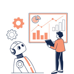 Robot and human analyzing business analytics and data visualization on screen with gears depicting automation