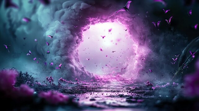 A surreal landscape with a swirling vortex of purple and teal mist, filled with numerous purple butterflies and glowing flora.