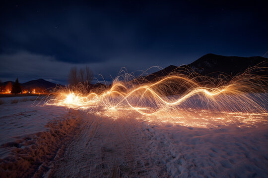 Glowing light trails dance across a snowy landscape under a dark night sky