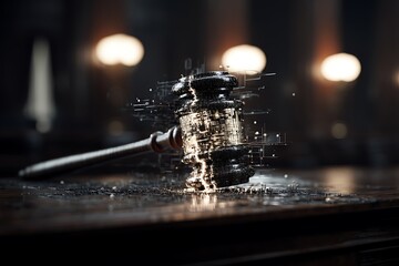Digital Gavel in Dark Environment with Glowing Light Effects and Data Overlay