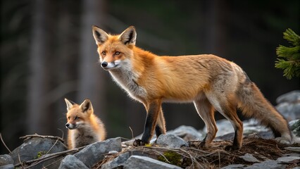 Obraz premium a mother fox with her baby in the wild forest