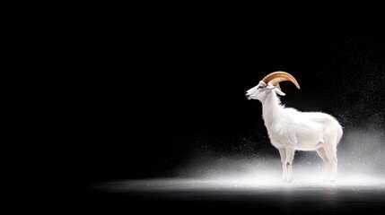 A white Dall sheep with large, curved horns stands in a dramatic spray of snow against a dark, black background.