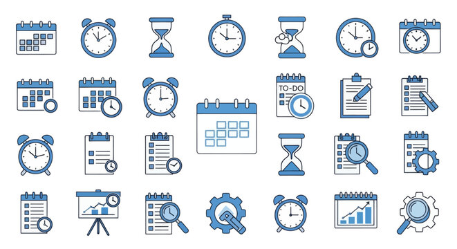 Time Management and Planning Icons Calendar, Clock, Hourglass, and Task List Symbols