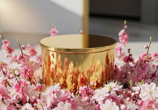Golden candle surrounded by pink flowers in a bright warm and minimal setting