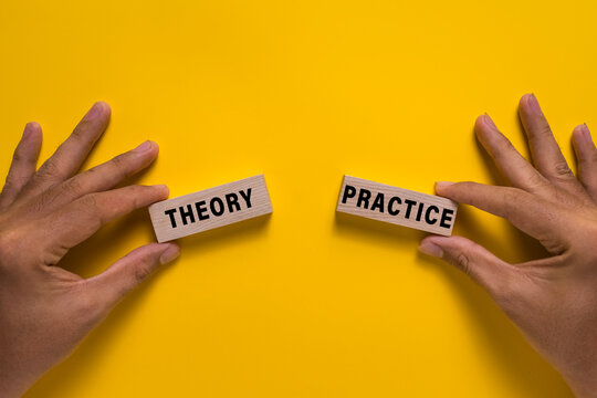 male hand hold wooden blocks with theory and practice words isolated on yellow background