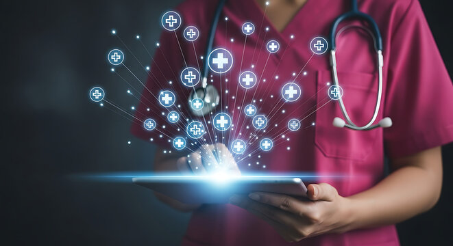 Healthcare professional using digital tablet, medical cross network, telehealth, e-health, innovative medical technology system