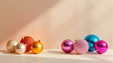 A collection of vibrant Christmas ornaments in gold, red, pink, and blue placed on a white surface, illuminated by warm natural light for a soft festive mood.