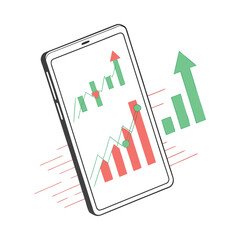 Smartphone displays financial charts and rising arrows symbolizing growth investment stock market data analysis