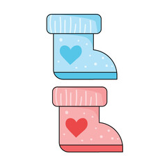 Cute Baby Winter Booties Set: Blue and Pink Newborn Socks with Heart Pattern and Polka Dots Vector Illustration