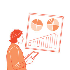 Woman analyzing financial charts and graphs on large screen holding tablet business analytics concept