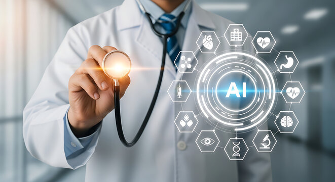 Artificial intelligence revolutionizing medical diagnosis. doctor using stethoscope and ai interface for advanced healthcare technology.