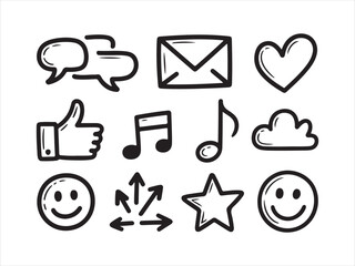 Hand Drawn Social Media Icons Set – Chat, Emojis, Arrows and Symbols