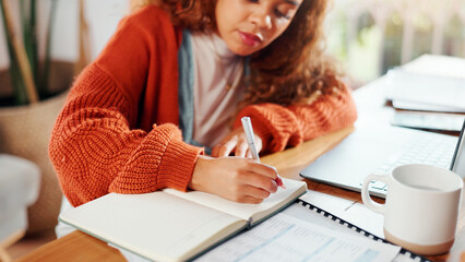 Hands, woman and writing in notebook at house for planning, finance expenses and payment reminder....