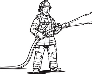 Brave cartoon firefighter in uniform holding a water hose a black and white line art illustration.