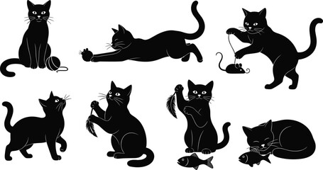 Black cat silhouette vector illustration collection, showing seven adorable kittens playing with fish, feather, yarn ball, and toy mouse, simple graphic set for Halloween, magic, and pet shop design.
